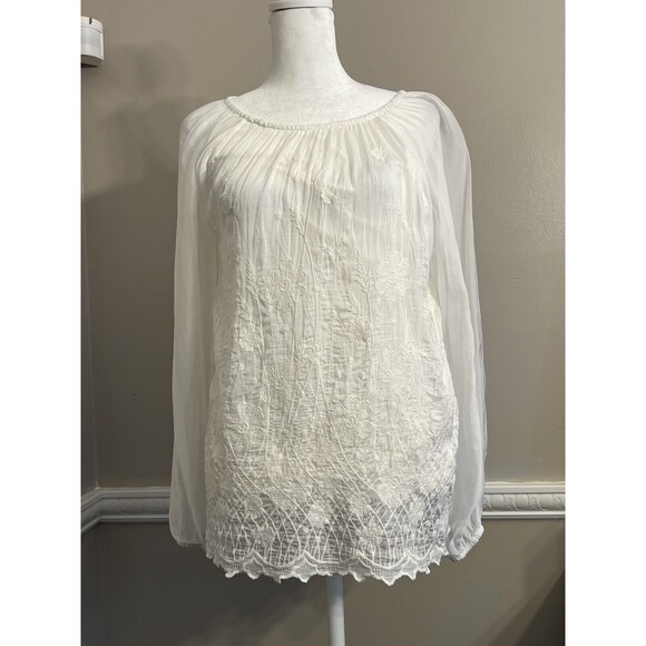 Viola Borghi Tops - Viola Borghi Women's Silk Tunic Blouse Embroidered Flower Long Sleeve Size S